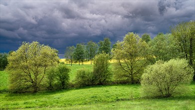 Dark storm clouds over a spring-like landscape with bright green trees and fields, Wuelfrath,