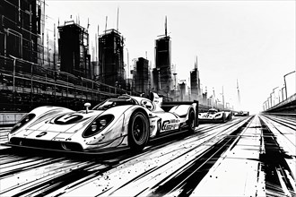Formula race car on race track in the city, black and white line art, AI generated