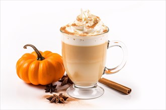 Drinking glass with pumpkin spice latte and cream on white background. KI generiert, generiert AI