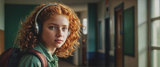 A thoughtful teenage redhead ginger girl with curly hair and frekles wearing headphones in a school