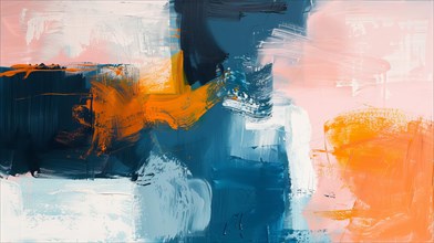 Abstract canvas with bold strokes of blue, orange, and yellow, conveying dynamism, ai generated, AI