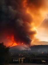 Smoke filled sky hovering over a town adjacent to an active wildfire, AI generated
