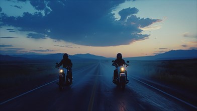 Motorcyclists riding on a highway silhouetted against an evening sky, AI generated