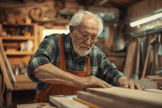 An elderly craftsman with years of experience working attentively in his woodworking shop, AI