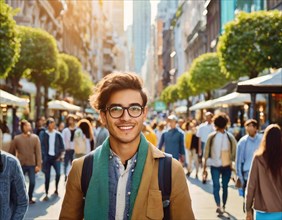 Young man with glasses smiles on a busy city street, AI generated, AI generated