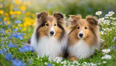 KI generated, Two long-haired collies lying in a colourful flower meadow, (Canis lupus familiaris),