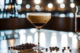 Espresso martini in a frosted cocktail glass adorned with three coffee beans, AI generated
