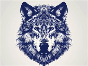 Simple and detailed blue line art illustration of a wolf on a white background, ai generated, AI