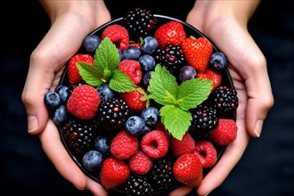 Top view of woman's hands holding bowl with fruit berry mix on dark background. KI generiert,