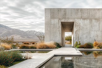 A modern concrete building with a water feature, mountains in the background under a cloudy sky, AI