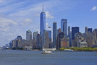 Skyline with skyscrapers, Financial District, helicopter in front of One World Trade Centre or