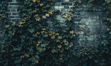 Dark green ivy creeps over a textured brick wall, creating a moody atmosphere AI generated