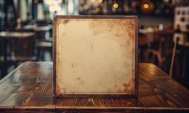 A vintage-style empty menu board on a rustic wooden table with warm bar ambiance AI generated