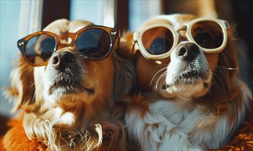 Two dogs in sunglasses cuddling together, giving a sense of companionship AI generated