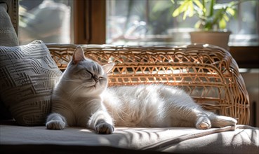 A relaxed cat enjoying the sunlight on a cozy wicker chair indoors AI generated