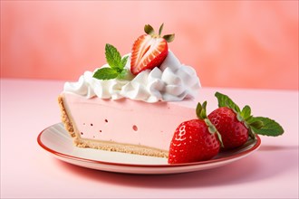 Single slice of pink cake with cream and strawberry fruits on plate in front of pink background. KI