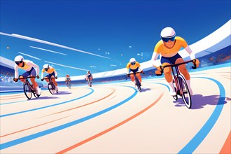 Cyclists in velodrome, color line art, AI generated