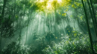 Peaceful bamboo forest with sunlight filtering through the mist, ai generated, AI generated