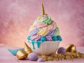 Whimsical unicorn ice cream sundae with rainbow swirls edible glitter and a golden horn, AI