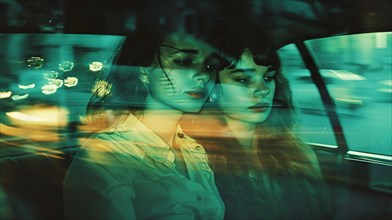 Double exposure of two women in a car with vibrant city lights reflecting on the window, AI