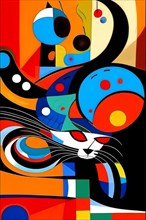 Abstract and vibrant depiction of a cat with bold geometric shapes and colors, vertical aspect, AI