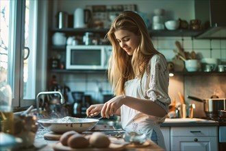 A young woman focused on cooking in a rustic kitchen bathed in warm light, AI generated