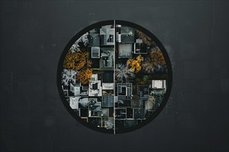 Aerial view of a housing estate with a circular layout and autumnal trees, AI generated