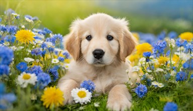 KI generated, A Golden Retriever lies in the grass of a flower meadow, young animals, animal