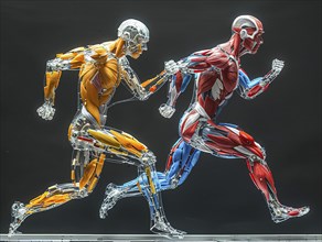 Two skeletons in walking motion, whose muscles are shown in colour, AI generated, AI generated, AI