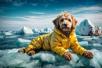 Labradoodle confident dog in a yellow golden puffer coat lying on an iceberg with a backdrop of