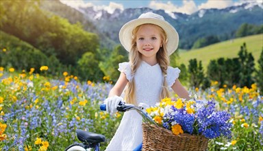 KI generated, A blonde girl rides her bike and enjoys the summer in a meadow with many flowers,