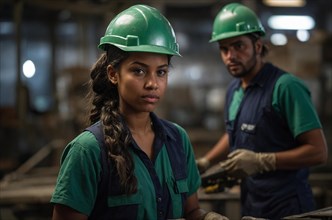 Determined looking african female worker with braided hair in green with a male colleague behind