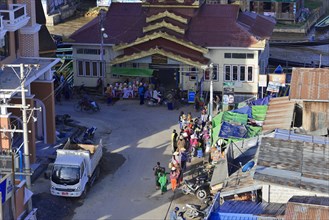 View of a busy street with market activities and colourful details, Pindaya, Inle Lake, Myanmar,