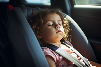 Young girl child sleeping in child's seat in car. KI generiert, generiert AI generated