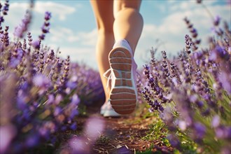 Back view of woman's legs with sport shoes jogging in through vield of purple lavender flowers. KI