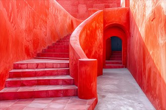 Vibrant red curved stairway leading to a shaded passageway, creating a bold architectural