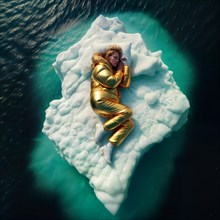 Woman in yellow golden puffer jacket lies on a block of ice alone in the middle of the ocean sea.