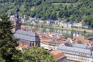 Aerial view of a city on the river (Neckar), with historical buildings and bridge, Heidelberg,