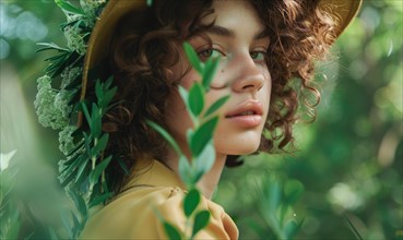 Close-up portrait of a woman in a hat, framed by lush greenery and a tranquil expression AI