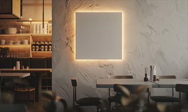 Contemporary restaurant with a glowing empty frame on the wall and subtle lighting AI generated