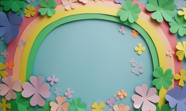 Festive St. Patrick's Day round frame with pastel rainbow and paper clovers AI generated