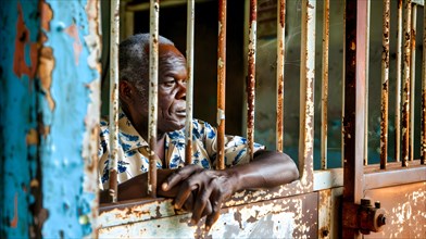A black older man with grey hair looks through the bars of his prison cell, AI generated, AI