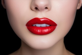 Close up of woman's mouth with bright red lipstick and white teeth in front of black background. KI