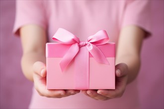 Girl child's hands holding pink gift box. Mother's day concept. KI generiert, generiert AI