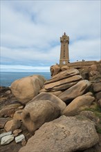 Lighthouse and granite rock, Phare de Ploumanac'h, Phare de Mean Ruz, Cote de Granit Rose,