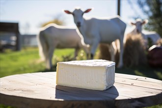 Piece of goat cheese on wooden table with goats on meadow in blurry background. KI generiert,