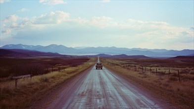 A solitary car travels on a desolate road with the mountainous horizon in view, AI generated