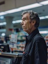 Man with a contemplative look in a grocery store, AI generated