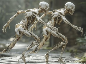 Walking skeletons with visible signs of decay on a forest path, AI generated, AI generated, AI