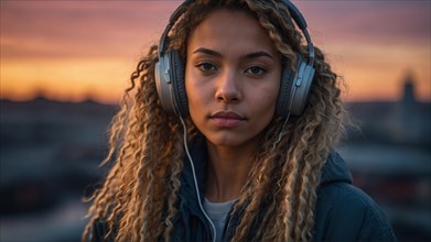 Serious-looking Mixed-race blonde woman with headphones stands before a cityscape at sunrise, bokeh